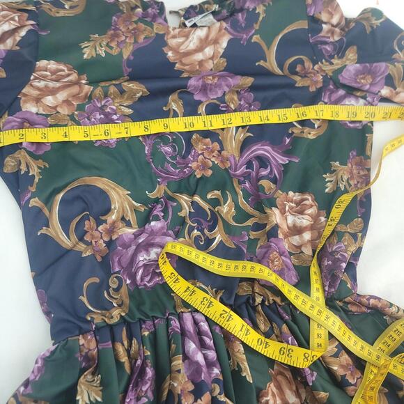 Vintage Elmora Green Blue Purple Flower Blouson Top Pleated Skirt Sizez 14 Dress - Picture 9 of 12